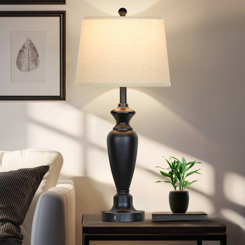 30'' Black Modern Table Lamps with USB-C Charging, Touch Dimmer(Set of 2) - 13'' x 13'' x 30