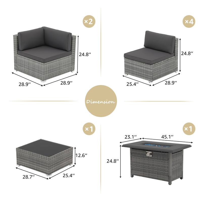 Outdoor 8 Pieces Sectional Wicker Sofa Set with Fire Pit