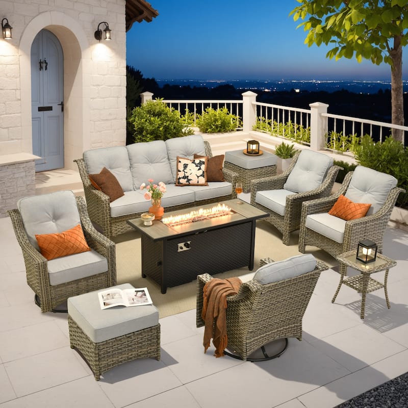 OVIOS 9 Pieces Outdoor Swivel Chairs Set with 54" Fire Table​