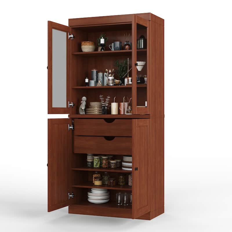 Palace Imports 100% Solid Wood Pantry Cabinet with Frosted, Clear Glass or Solid Doors, 2-Drawers and Adjustable Shelves