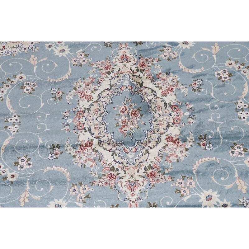 Light Blue Floral Medallion Transitional Turkish Rug Oriental Carpet