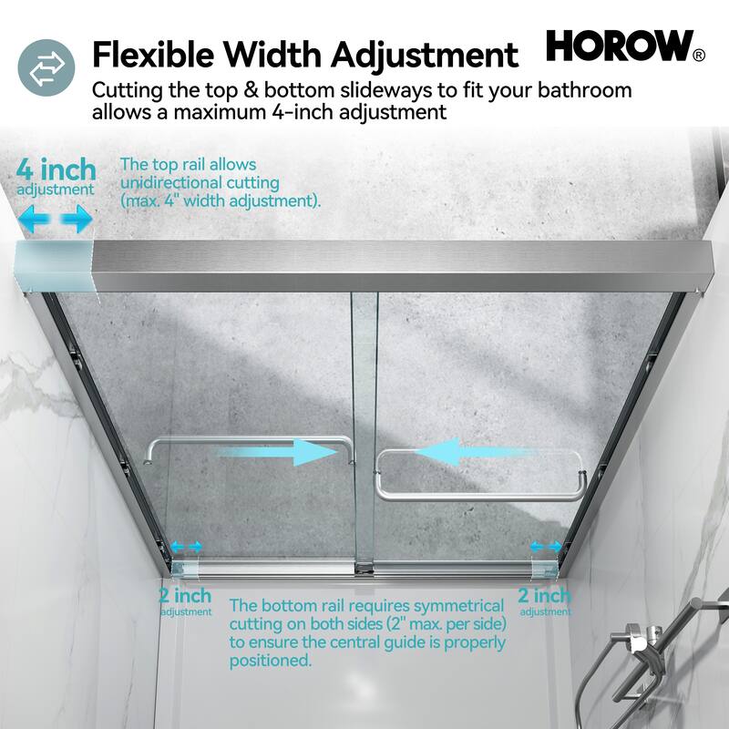 HOROW 44 to 48 Inch Wide 72 Inch High Double Sliding Semi Frameless Shower Door in Brushed Nickel with Clear Glass