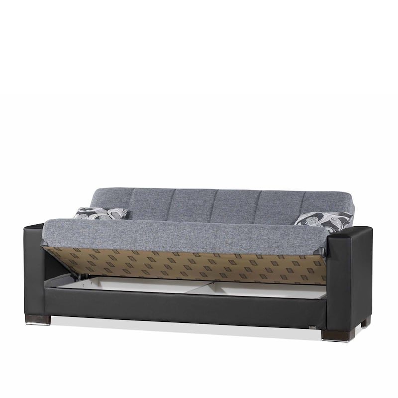 HomeRoots 87" Gray And Black Chenille And Faux Leather Convertible Futon Sleeper Sofa And Toss Pillows With Storage