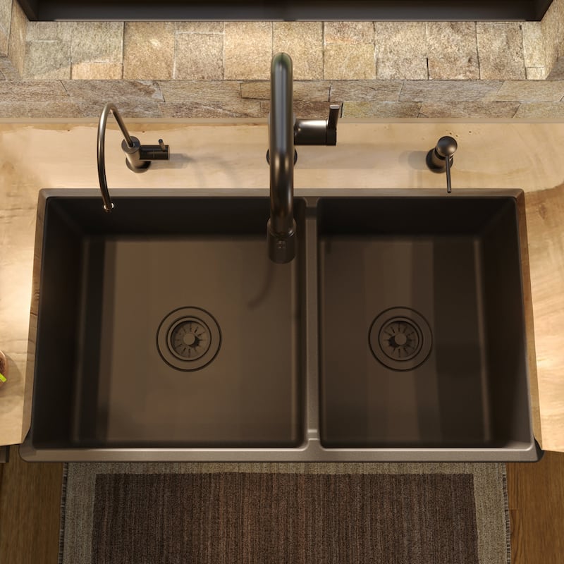 Karran 33" Double Bowl Panel Front Farmhouse Fireclay Kitchen Sink with Reversible Apron Front