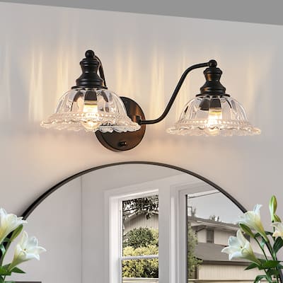 20" 2-Light Black Vintage Vanity - Glass - Bathroom Bedroom (Bulb Not Included)