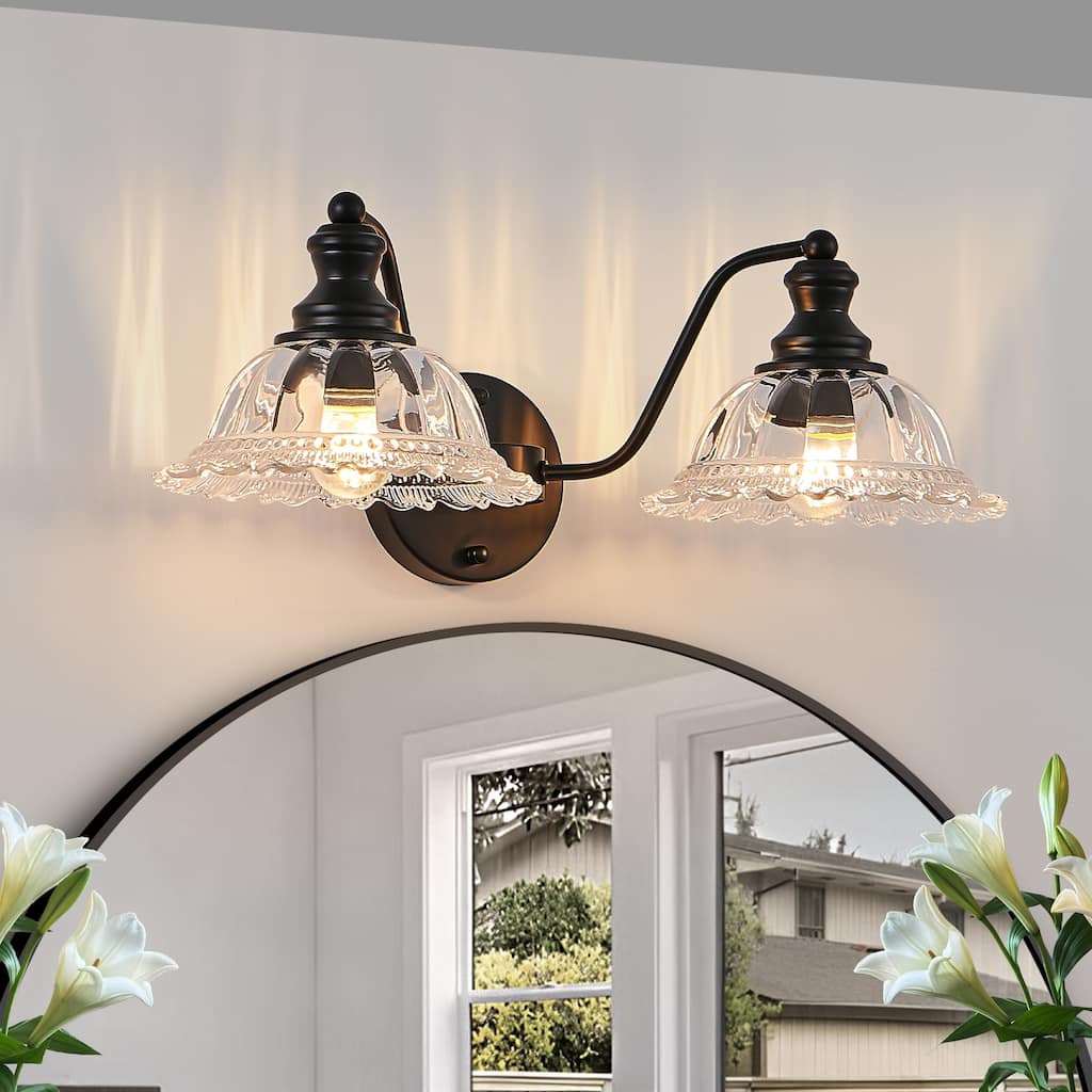 20" 2-Light Black Vintage Vanity - Glass - Bathroom Bedroom (Bulb Not Included)