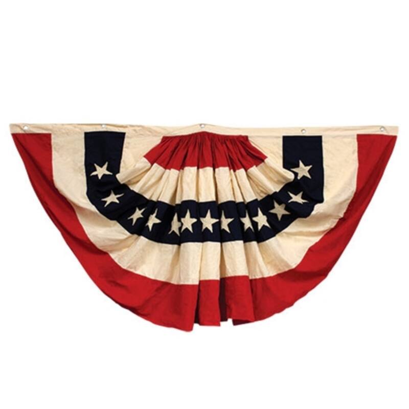 Cotton Vintage-Inspired Flag Bunting with Star Appliques and Rustic Patriotic Decor Accent - 36" H x 70" W - Red-Cream-Navy