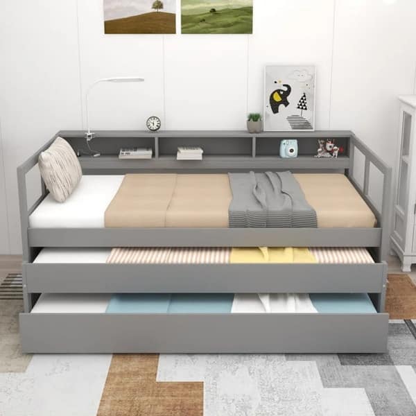 Twin XL Wood Daybed with 2 Trundles and USB Charging,Multifunctional