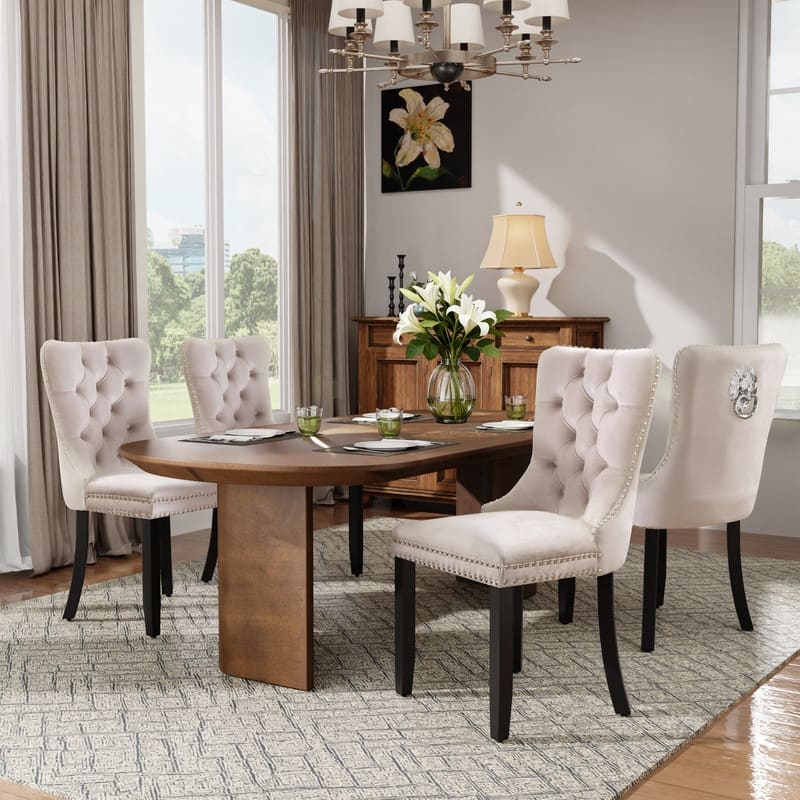 High-end Tufted Velvet Upholstered Nailhead Dining Chair Set of 6 - Set of 4 - Beige