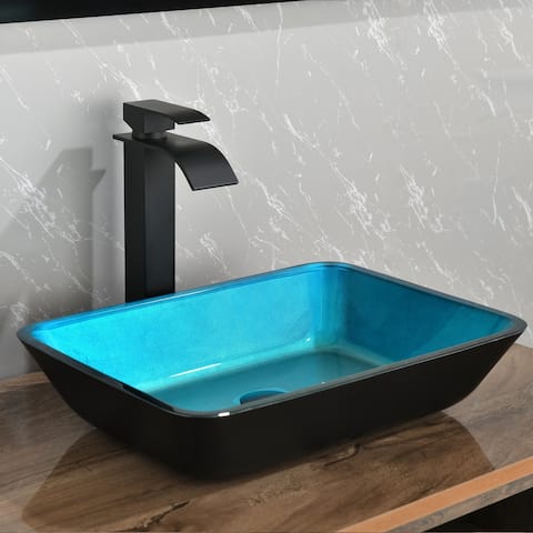 Turquoise Blue Glass Vessel Bathroom Sink Set with Faucet and Pop-Up Drain