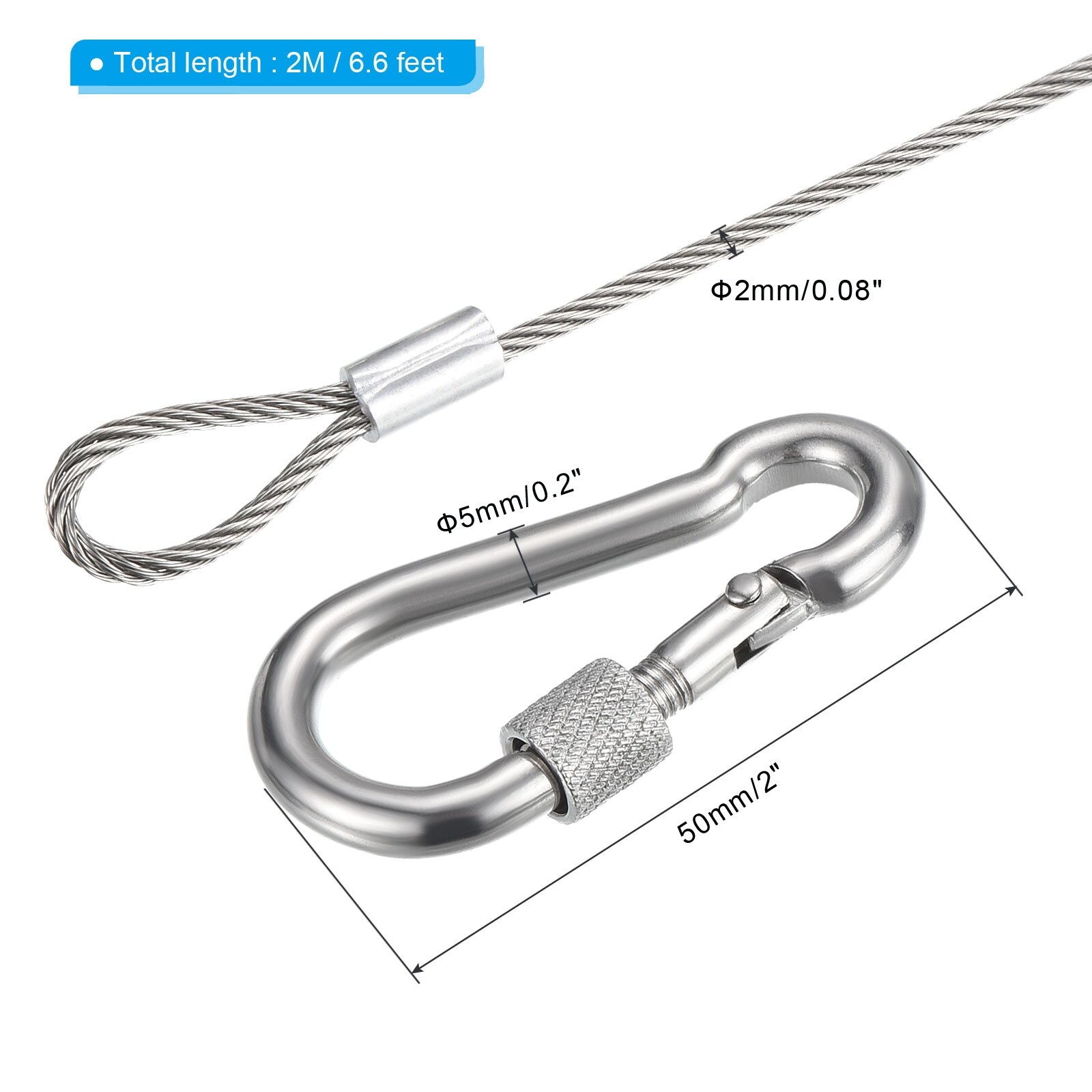 Safety Cable Lock Wire with Snap Hook, Stainless Steel Hanging Security Cable with Loops for Luggage, Lighting, Travel - Silver