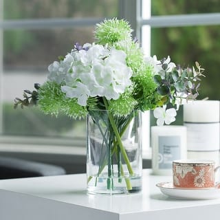 Enova Home Mixed Silk Hydrangea and Greenery Artificial Flowers Arrangement in Clear Cylinder Glass Vase for Home Decór