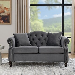 57" Curved Back Grey Velvet Loveseat Sofa w/ Nailheads Armrest, Button ...