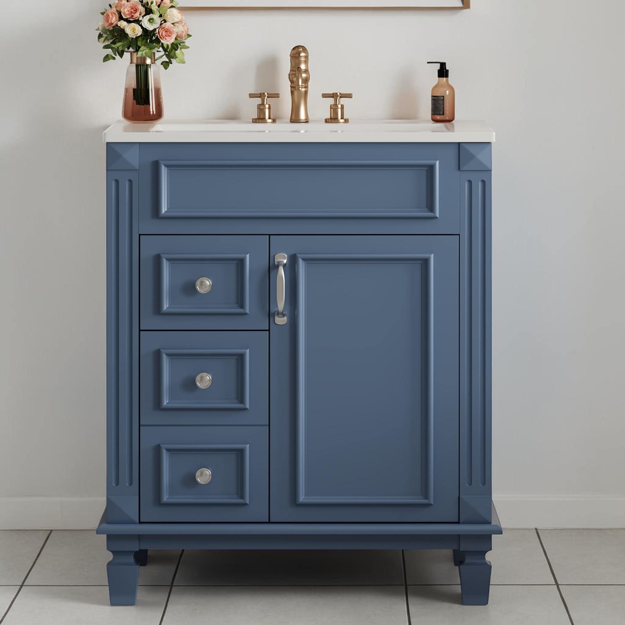 24 Inch Bathroom Vanity with Ceramic Sink, Small Bathroom Cabinet with 2 Drawers and Adjustable Shelf
