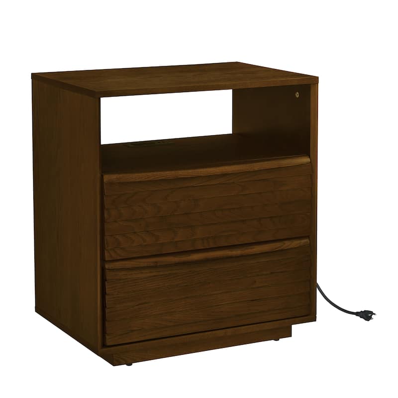 Nightstand with Charging Station and Outlet Hole and 2 Solid Wood Drawers