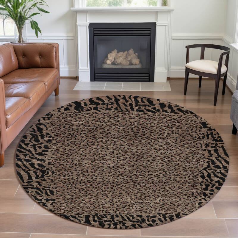 Premium Washable Super Soft Animal Print Border Mayfield Rug - Brown - 8' x 8'