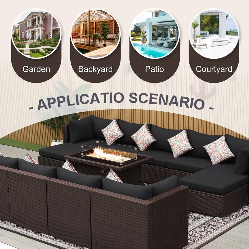 13-Piece Outdoor Wicker Patio Sectional Conversation Set with 43" CSA Fire Pit Table