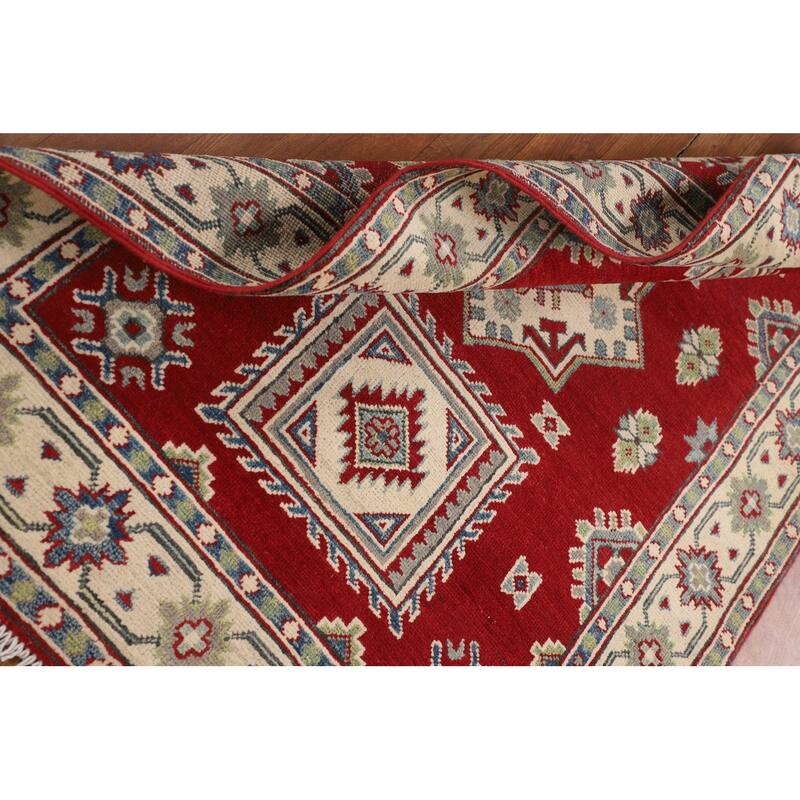 Red Geometric Kazak Foyer Rug Handmade Oriental Wool Carpet - 3'6" x 5'1"