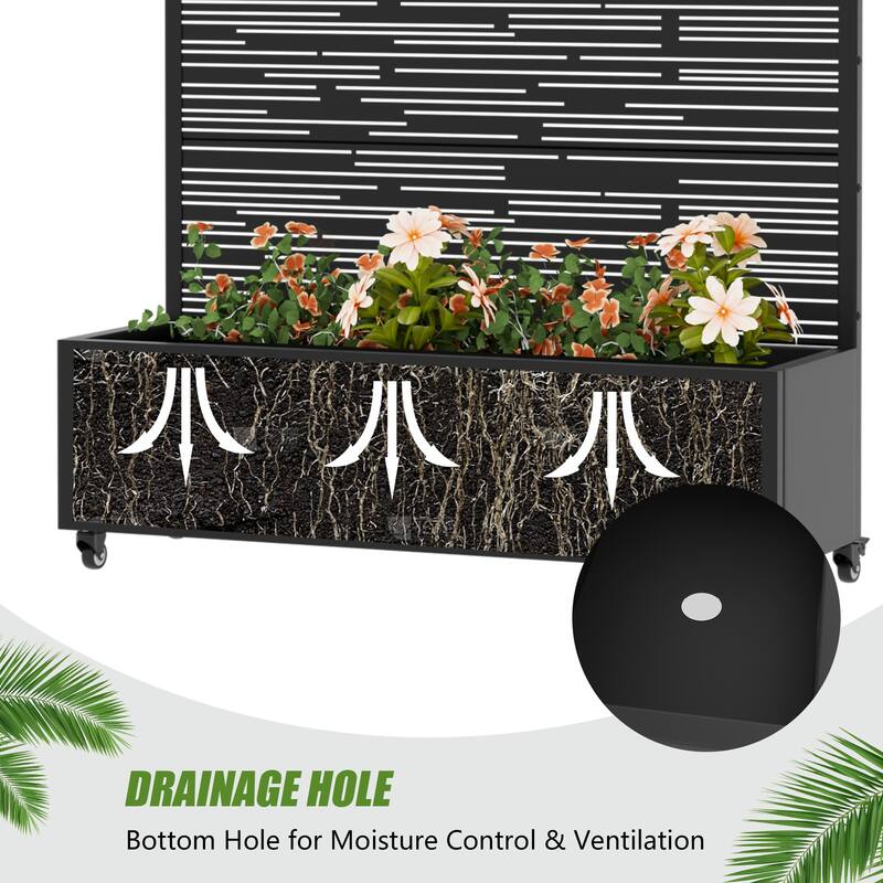 Metal Galvanized Planter Box with Trellis Privacy Screen Lockable Wheels Set of 2