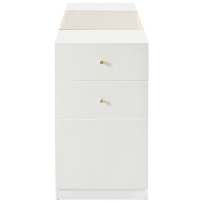Roomfitters Modern Luxury Multi-Functional Island Vanity Dresser, Storage Cabinet with Glass Tabletop, Cream White