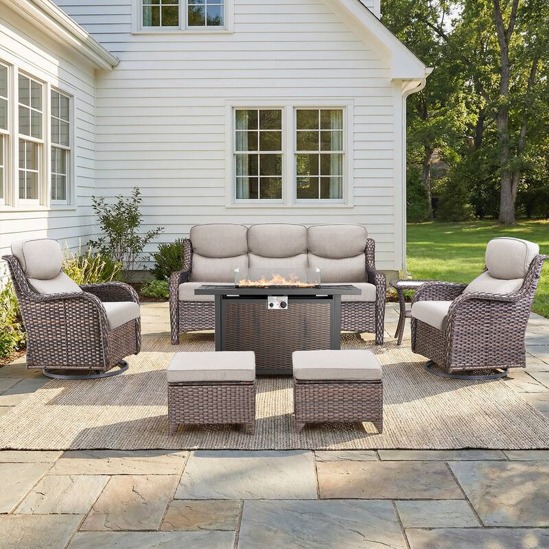 Pocassy Patio Sofa Swivel Chair Set with 43" Fire Pit Table - Brown Wicker Beige Cushion - 7-Piece Sofa Swivel Chair Ottoman w/ Fie Table