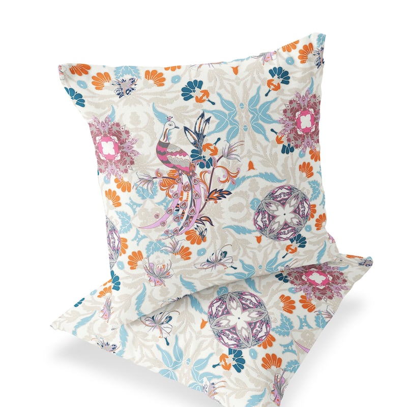 HomeRoots Set of Two 16" X 16" Blue and Off White Peacock Blown Seam Eclectic Indoor Outdoor Throw Pillow