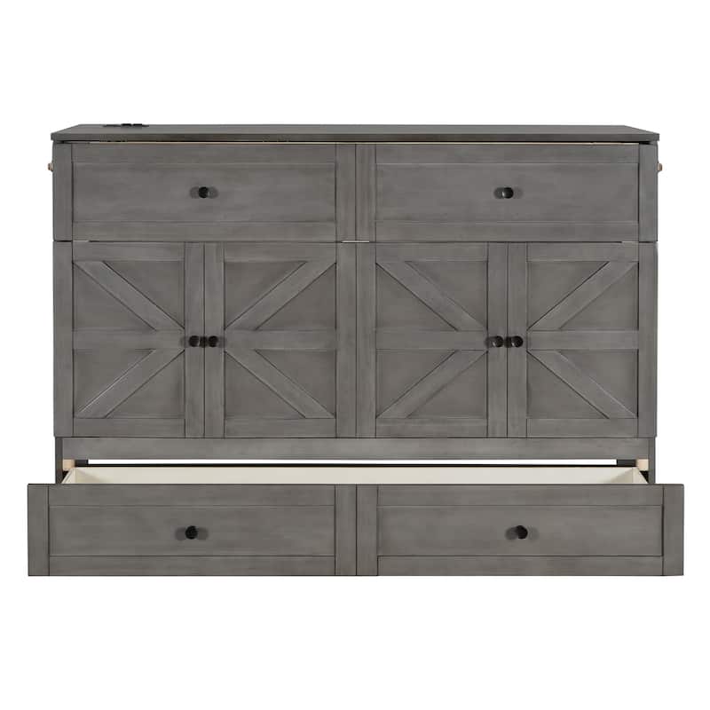 Queen Size Murphy Bed with Large Drawers & USB Ports,Brushed Gray