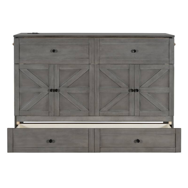 Queen Size Space-Saving Murphy Bed with Storage Drawers and USB Ports, Brushed Gray