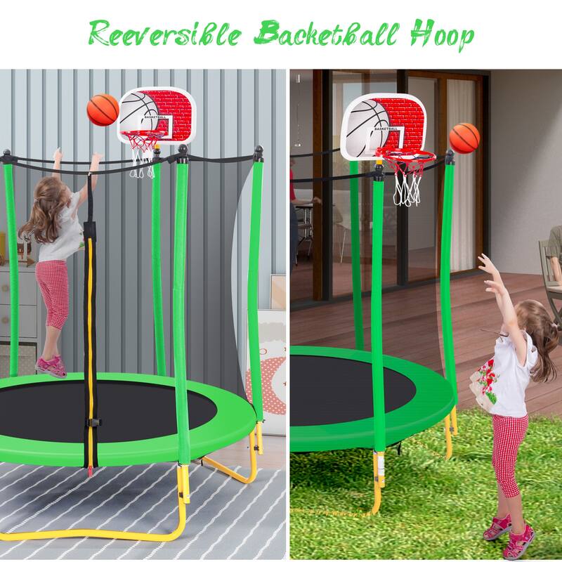 Kids Recreational Trampoline - Basketball Hoop, Safety Enclosure Net, Ladder, Easy Assembly - Grass Green - 65