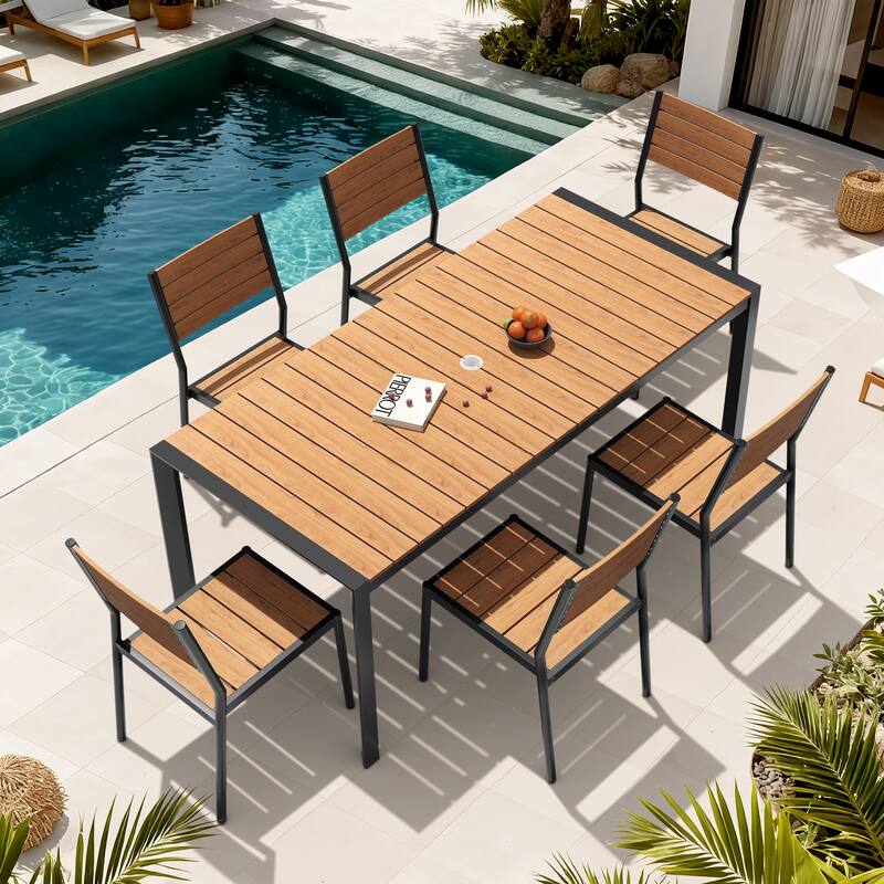 7-Piece Outdoor Patio Dining Set Wood Like Table Top Aluminum Rectangular Umbrella Hole Table with Stackable Chairs - Brown