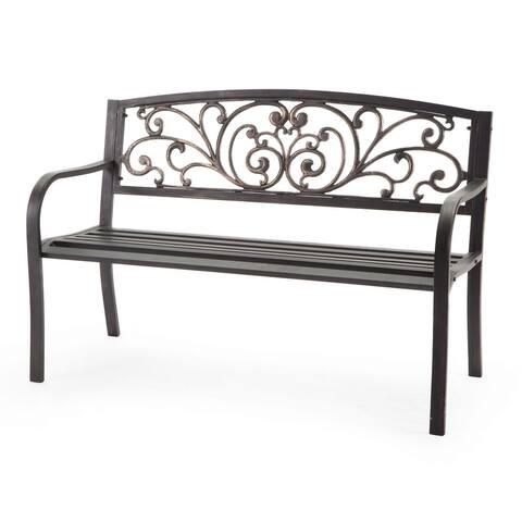 Curved Metal Garden Bench with Heart Pattern in Black Antique Bronze Finish - 51L x 24D x 32H in.