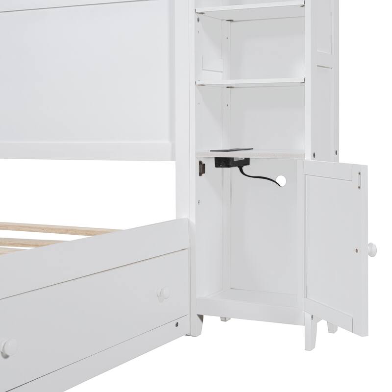 Queen Size Wooden Bed with Built-in Outlets, Storage Drawers, and Shelves, White