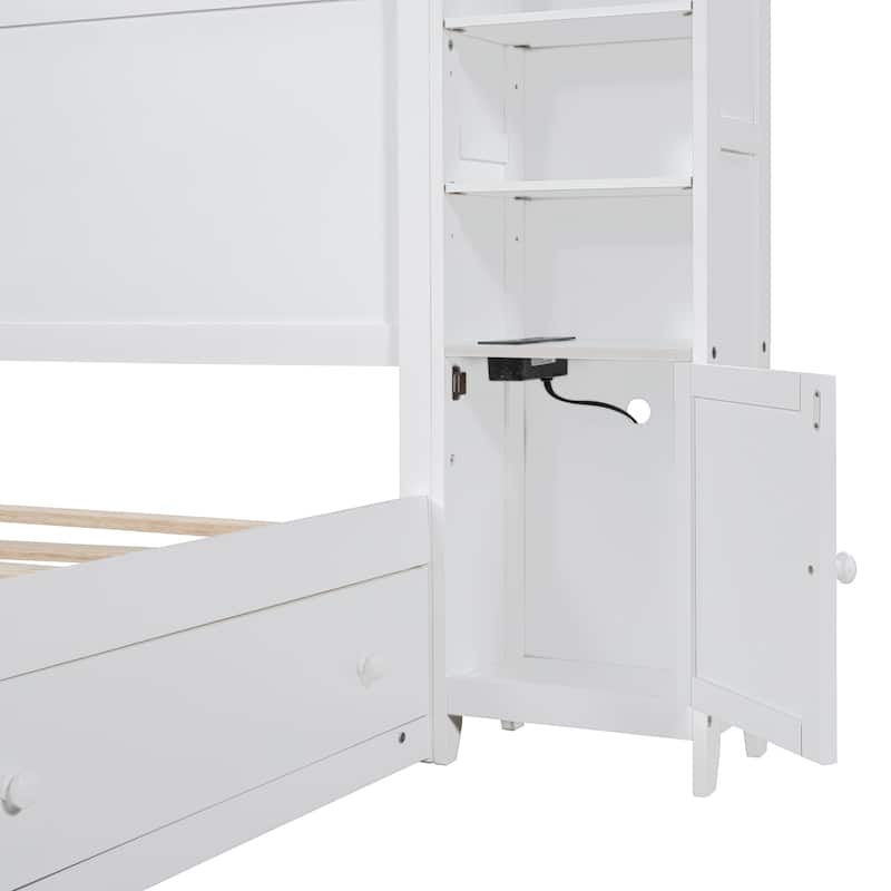 White Wooden Queen Size Bed With Integrated Storage Cabinet, Shelf, and Drawers, USB Ports