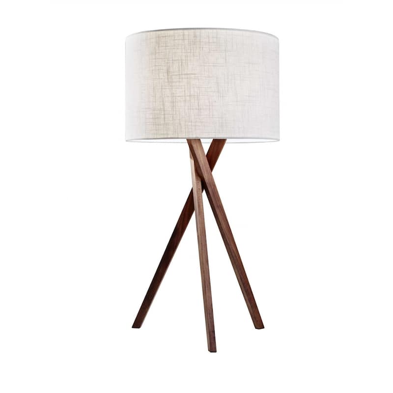 Brown Wood Linen Shade Tripod Table Lamp with Drum Shade and Rotary Socket Switch - 15” x 15” x 29.5” (D x W x H)