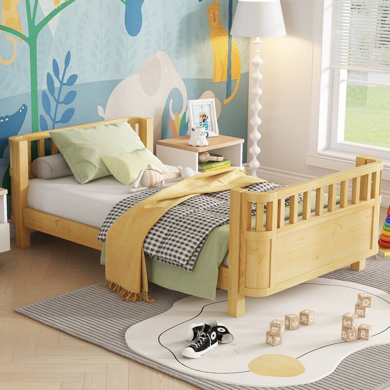 Toddler Platform Bed with Fences Headboard Footboard and Removable Side Rails for Kids, Girls and Boys Wooden Daybed