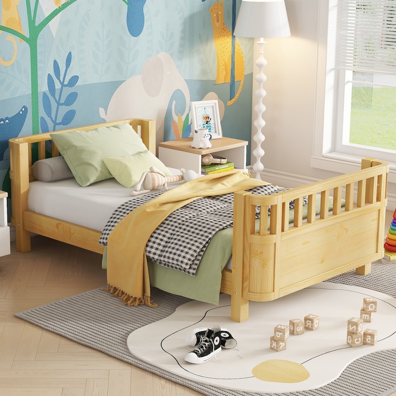 Twin Size Wood Platform Bed for Kids, Wood Low Profile Twin Bed with Rails for Girls and Boys, Natural