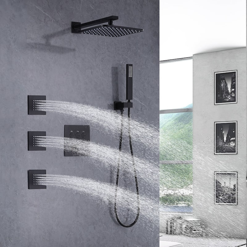 Thermostatic Shower System With Rough-in Valve Bathroom Shower Faucet With Hand Shower And Body Jet Rain 10 Inch Shower Head Set - Matte Black