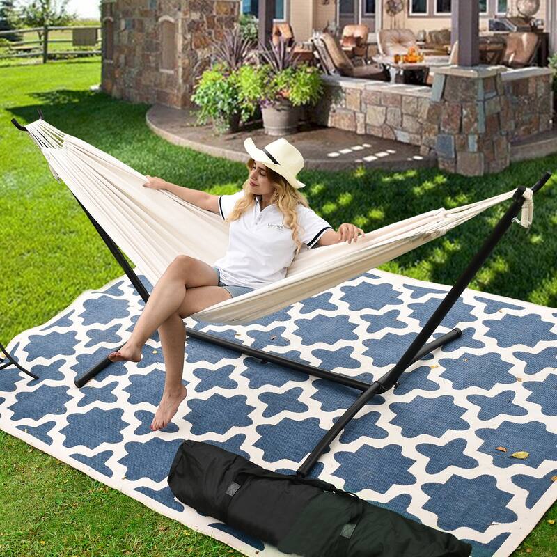 Double Cotton Hammock with Heavy Duty Steel Stand