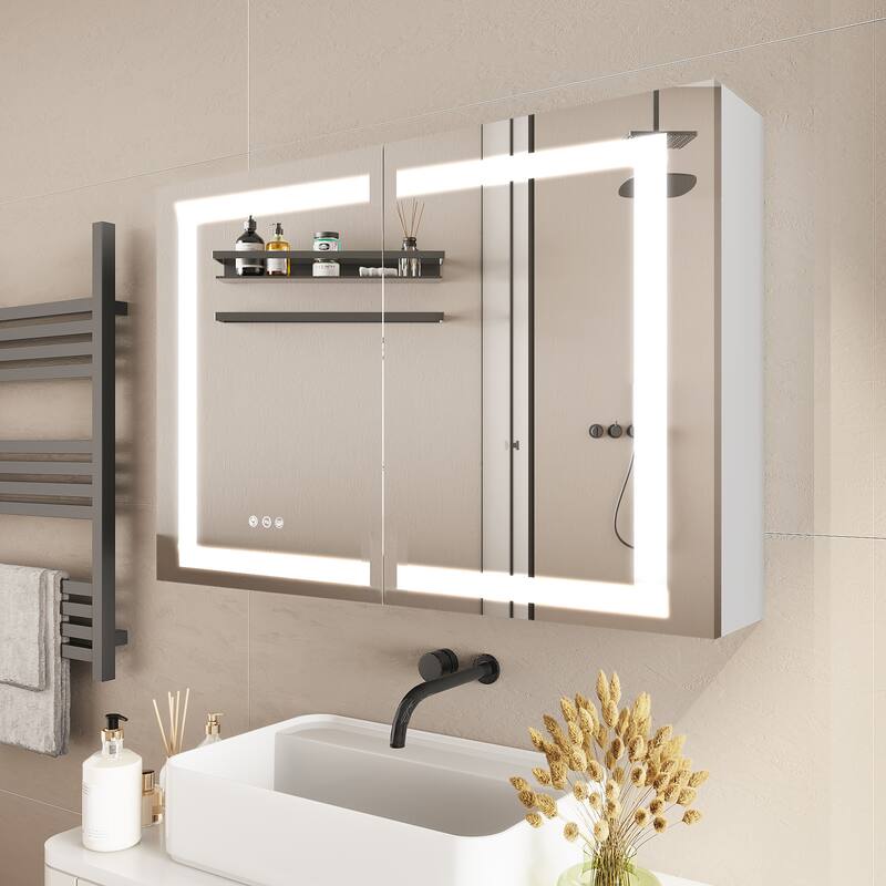 36 in. W x 24 in. H Rectangular Aluminum Frameless LED Lighted and Defogger Medicine Cabinet with Mirror