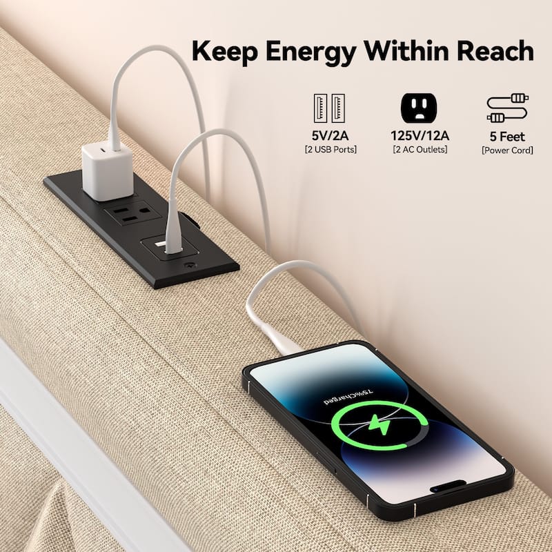 Queen Bed Frame with Headboard,Upholstered Platform Bed Frame Queen Size with Charging Station & LED Lights,Wooden Slats Support