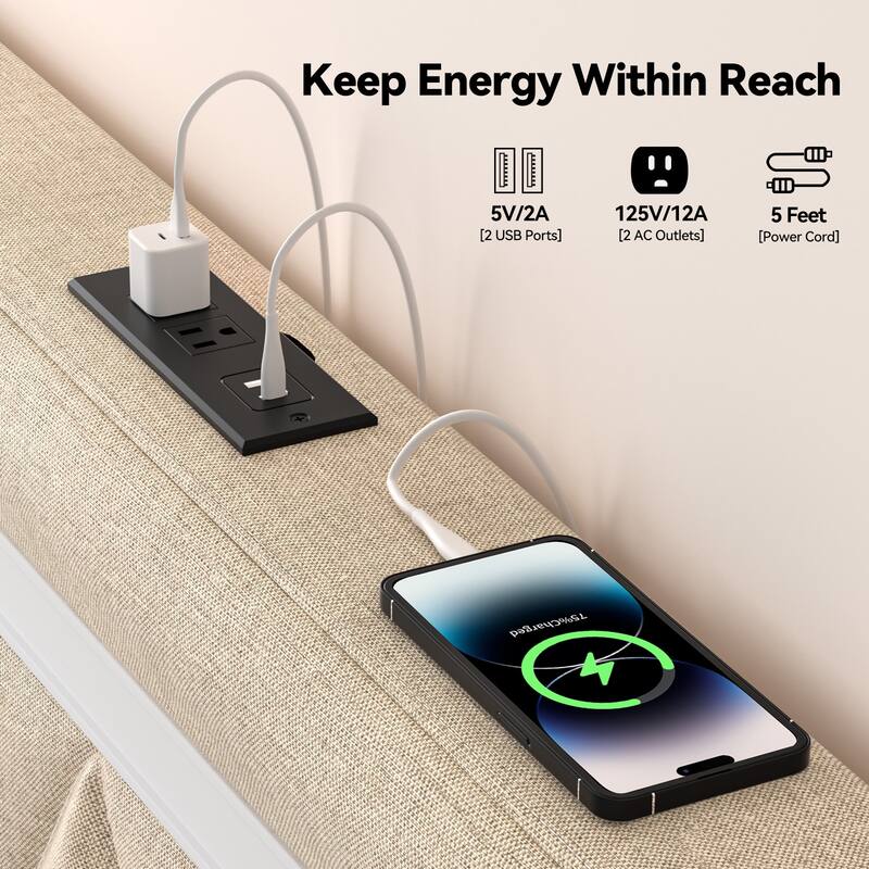 Upholstered Platform Bed Frame with Adjustable Height Headboard, Charging Station & LED Lights, Wooden Slats, Noise Free, Beige