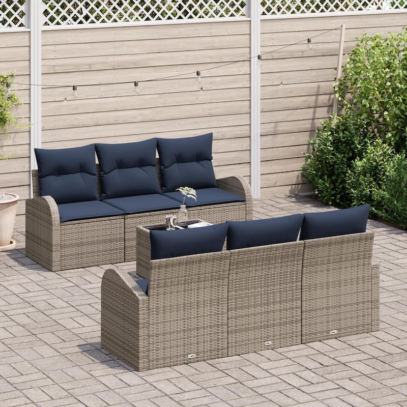 vidaXL 7 Garden Sofa Set with Cushions Black/Brown/Grey Poly Rattan - 70.5 x 24.4 x 27.2