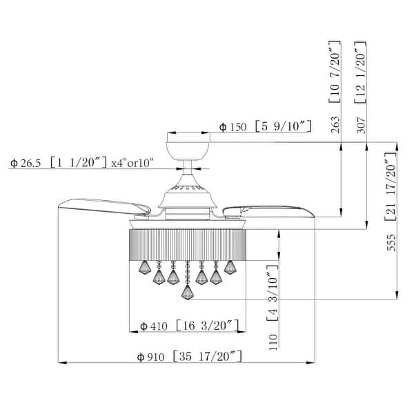 36" White Retractable 3-blade Crystal Ceiling Fan Chandelier with Remote