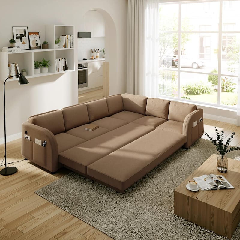Homy Casa 85"/115" L-Shaped Sectional Sofa Bed USB & Side Pocket, Teddy Fabric Pull-Out Sleeper, Reversible Chaise, Multi Colors