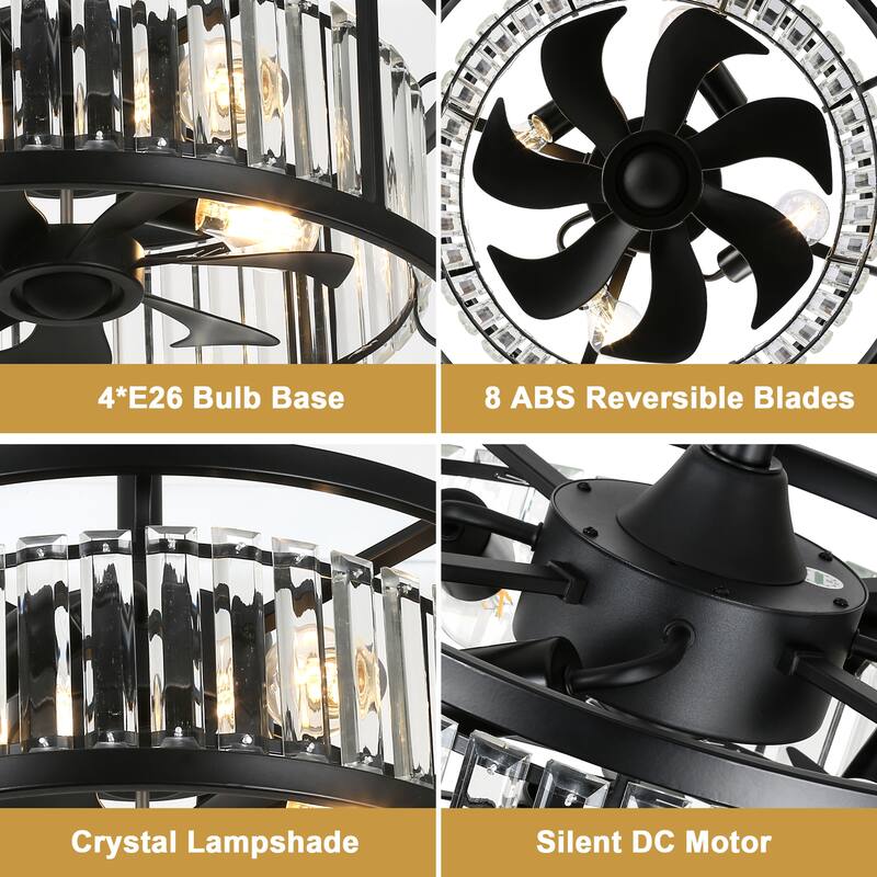 Cusp Barn 20" Black Crystal Caged Ceiling Fan with Light and Remote, Modern 8-Blade Fandelier, DC Motor Reversible Ceiling Fan