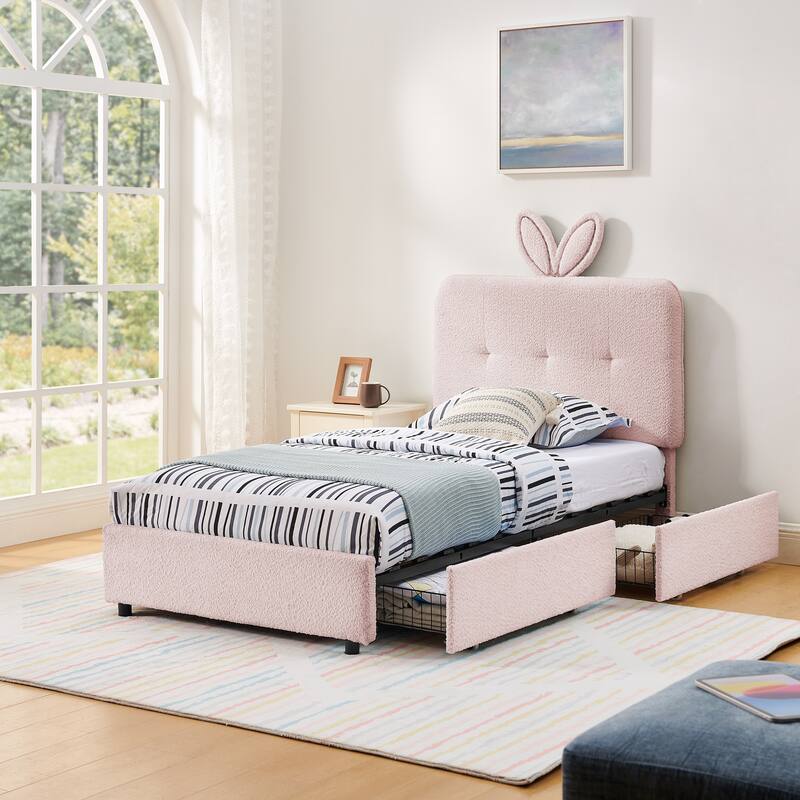 Kids Boucle Upholstered Bed with Rabbit Ear Headboard, LED Music Sync & 4 Drawers