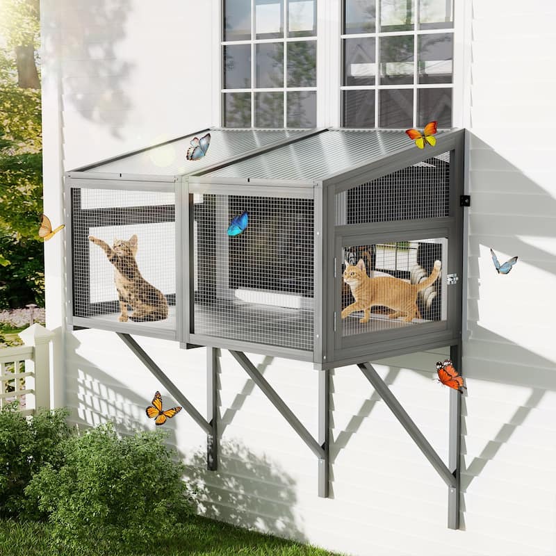 Secure Comfortable Wooden Window Box Enclosure for Cats - Gray