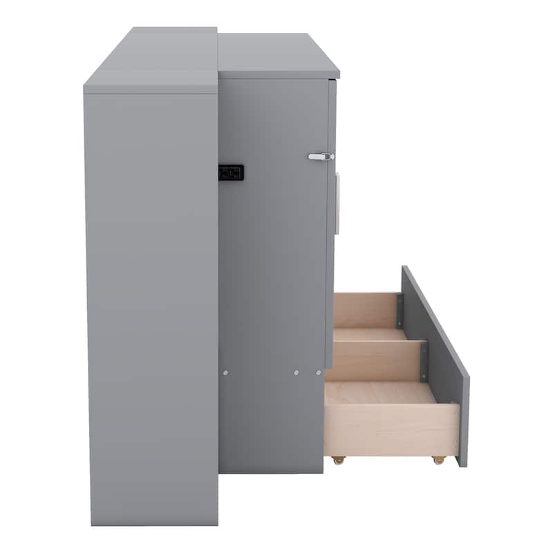 Murphy Bed Full Size Cabinet Wall Bed with Shelves, 2 Drawers and USB Ports, Wood Storage Platform Bed Frame Slat Support