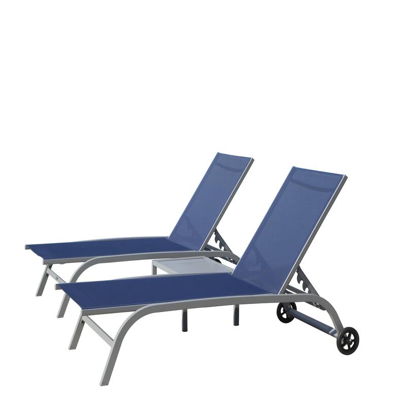 Chaise Lounge Outdoor Set of 3 with 1 Table, 5 Adjustable Position for Patio, Beach, Pool Lounge Chairs - Blue