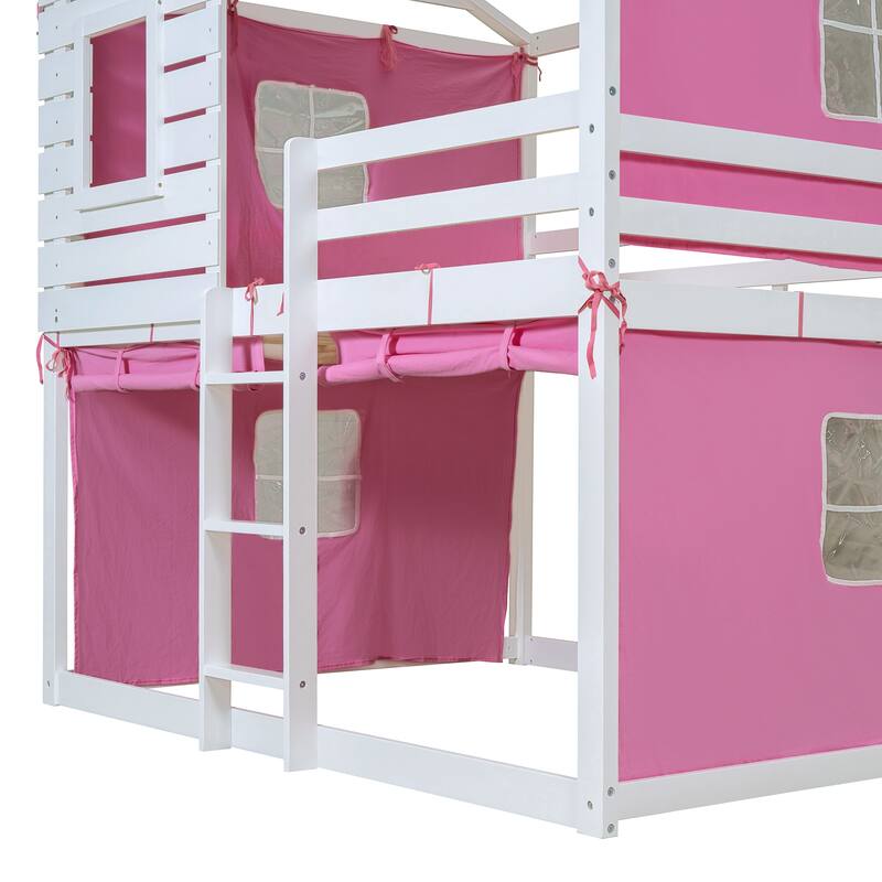 Full Size Solid Wood House Bunk Bed with Tent, Ladder and Fence for Kids, Bedroom